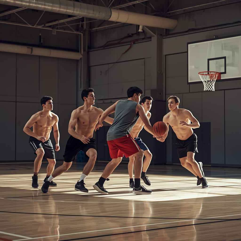 Nano Banana2 prompt: Muscular male students playing basketball inside a well-lit indoor gymnasium, intense action, high quality, physical education, NO WOMEN